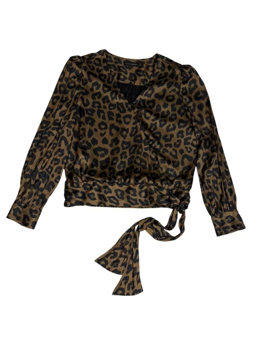 Banana Republic Leopard Satin Blouson Wrap Blouse Tie Waist M